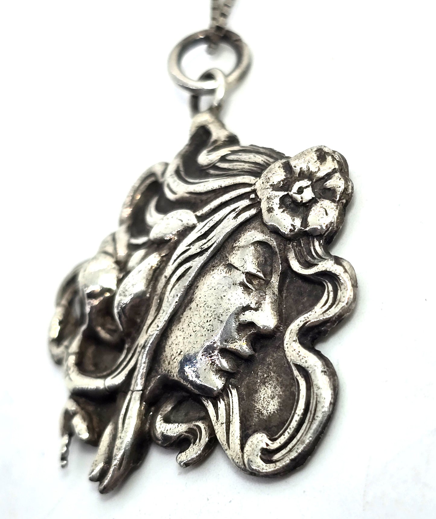 Art Nouveau flowing nymph casted antique sterling silver pendant necklace