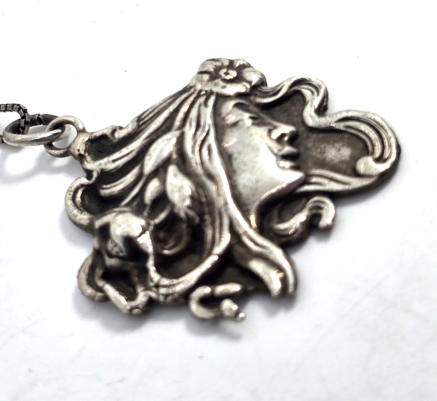 Art Nouveau flowing nymph casted antique sterling silver pendant necklace