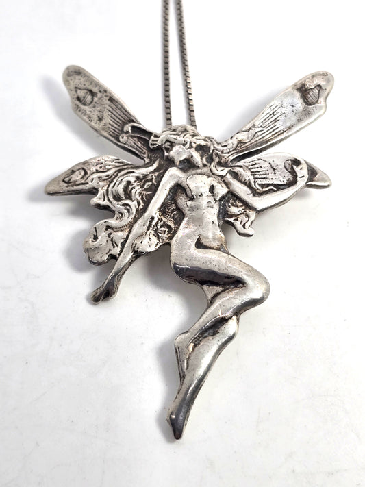 Art Nouveau Fairy Nymph extra large sterling silver antique brooch necklace