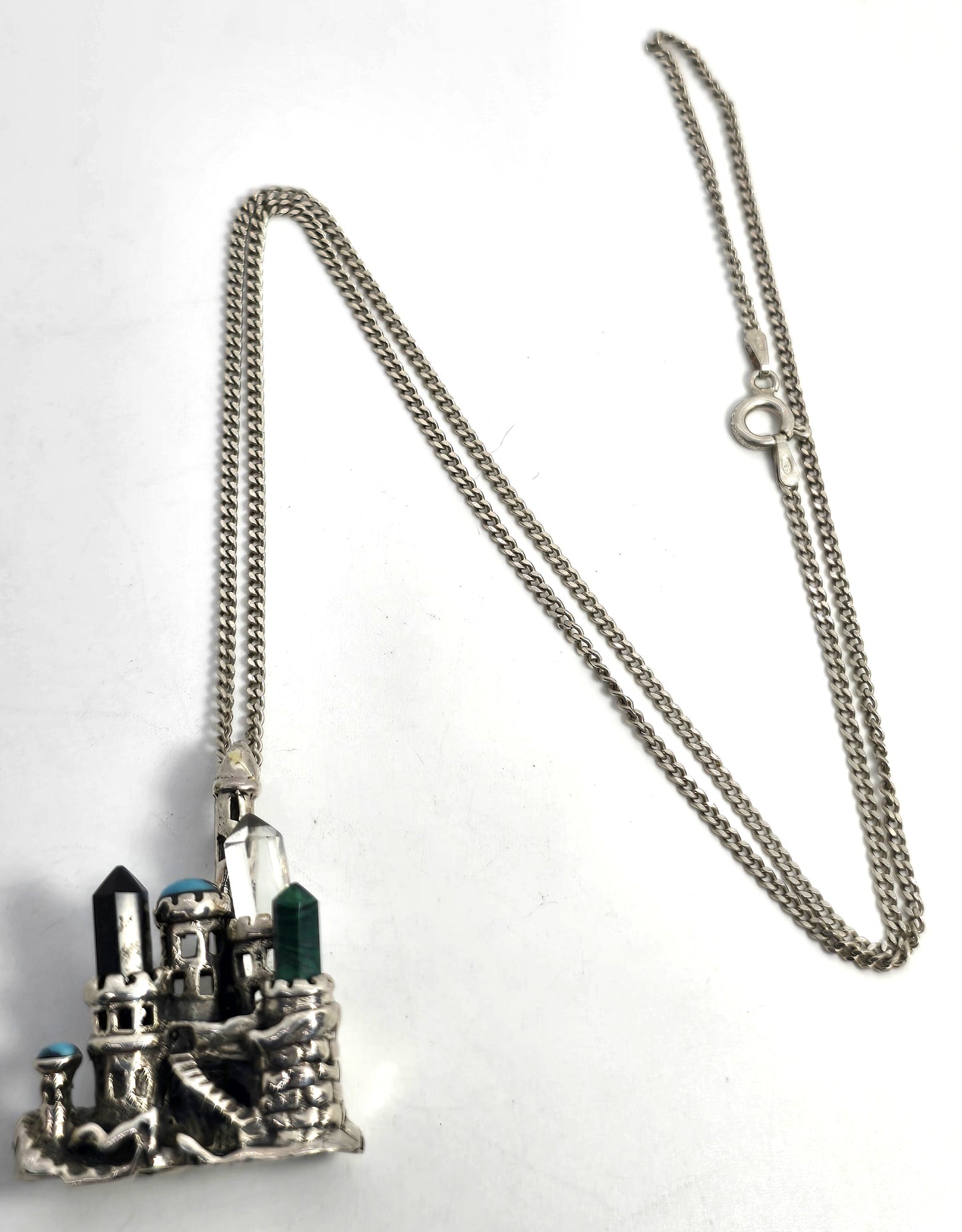 Fantasy castle gemstone tower sterling silver vintage pendant necklace