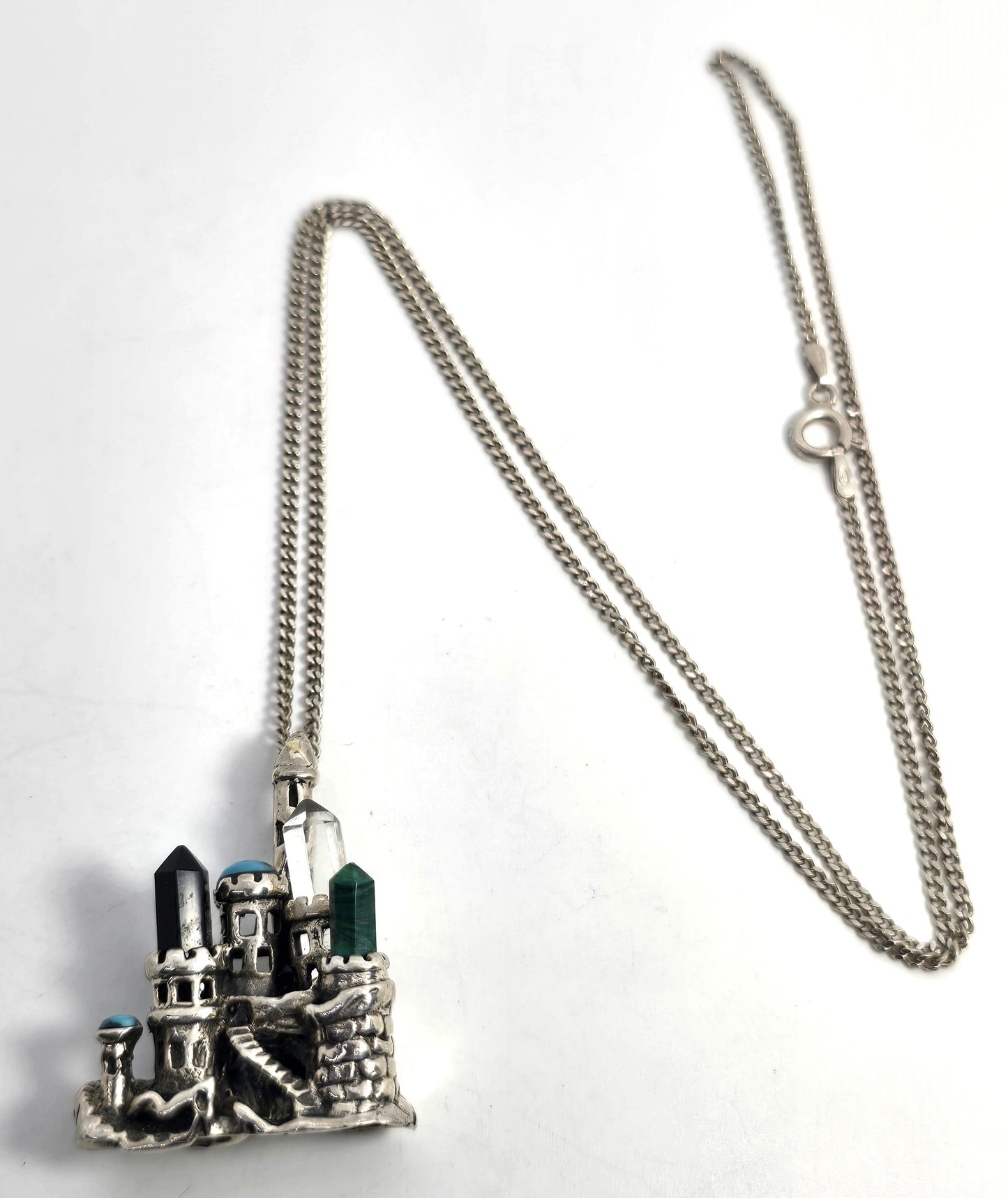 Fantasy castle gemstone tower sterling silver vintage pendant necklace