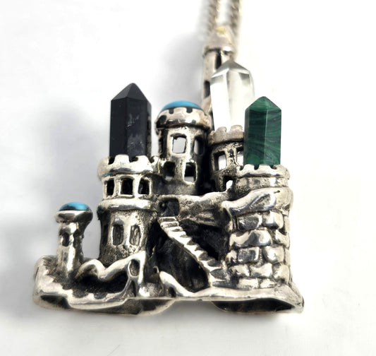 Fantasy castle gemstone tower sterling silver vintage pendant necklace