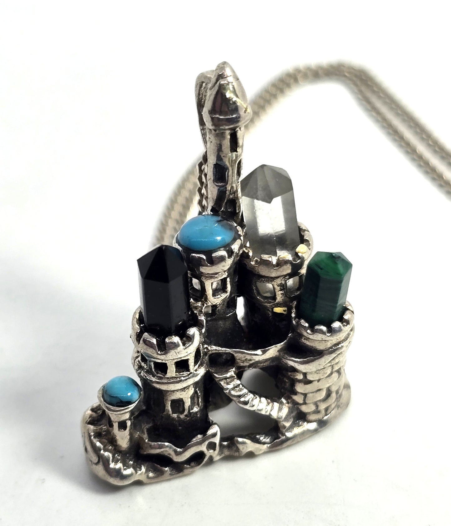 Fantasy castle gemstone tower sterling silver vintage pendant necklace