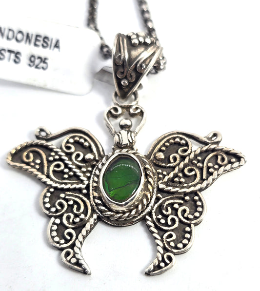 Butterfly black opal triplet tribal sterling silver Balinese Bali pendant necklace
