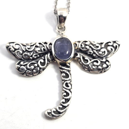 Dragonfly tanzanite tribal sterling silver Balinese Bali pendant necklace