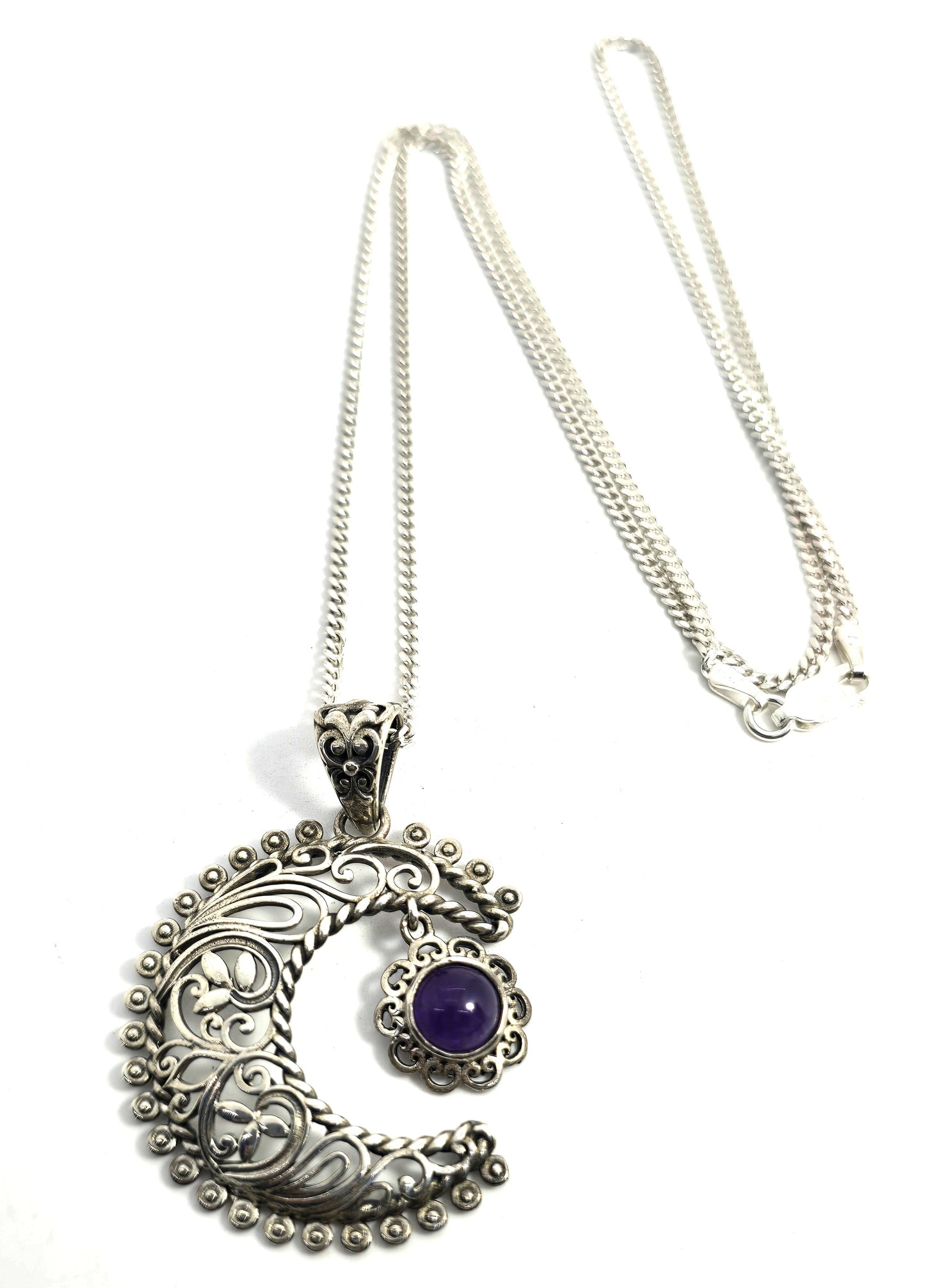 Crescent moon tribal Balinese Bali amethyst sterling silver D'Joy necklace