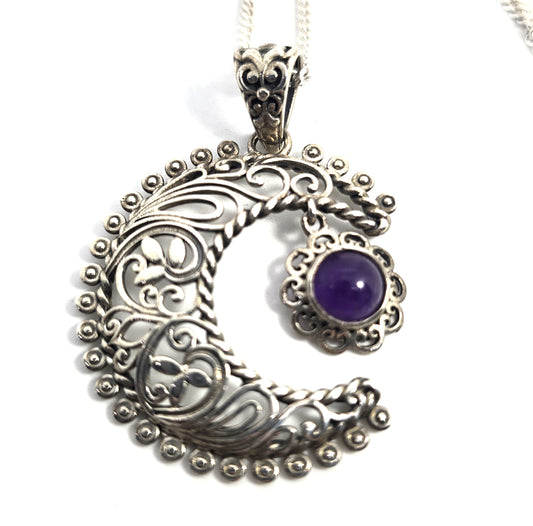 Crescent moon tribal Balinese Bali amethyst sterling silver D'Joy necklace