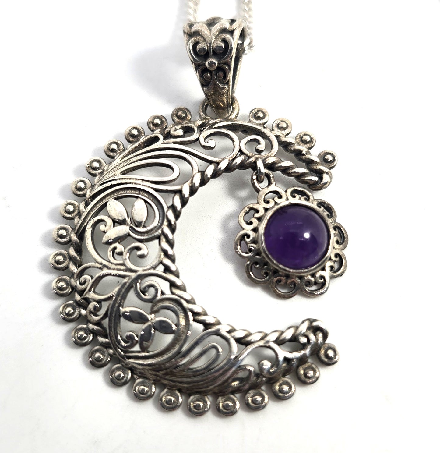 Crescent moon tribal Balinese Bali amethyst sterling silver D'Joy necklace