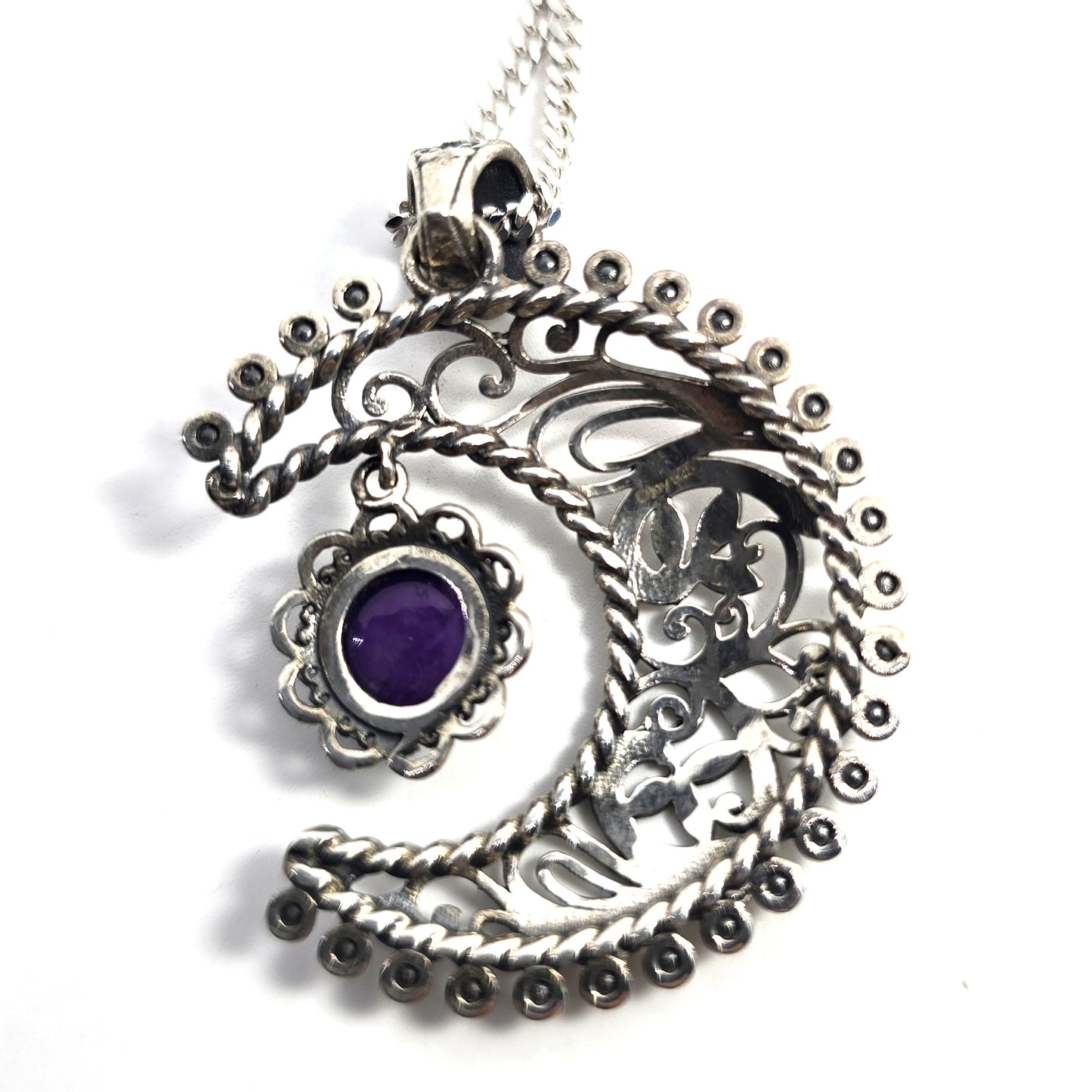 Crescent moon tribal Balinese Bali amethyst sterling silver D'Joy necklace