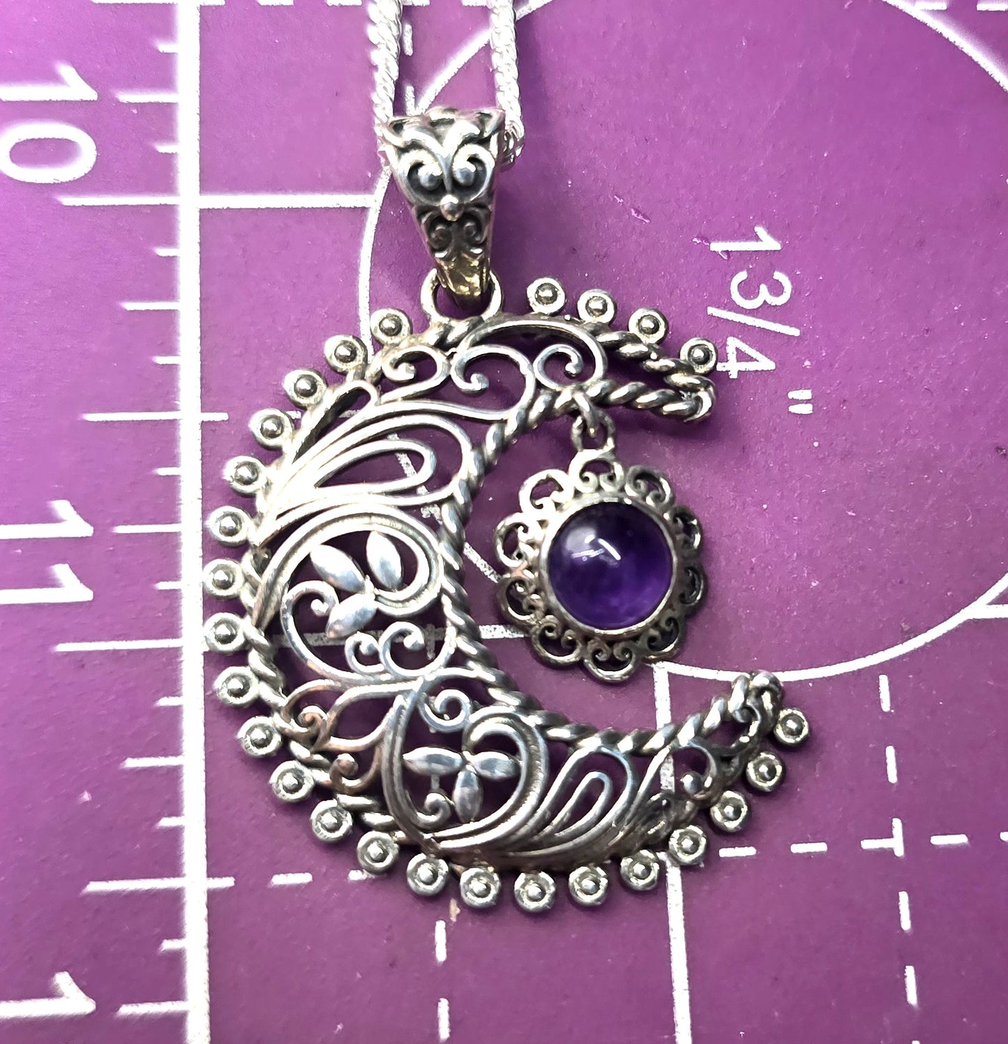 Crescent moon tribal Balinese Bali amethyst sterling silver D'Joy necklace