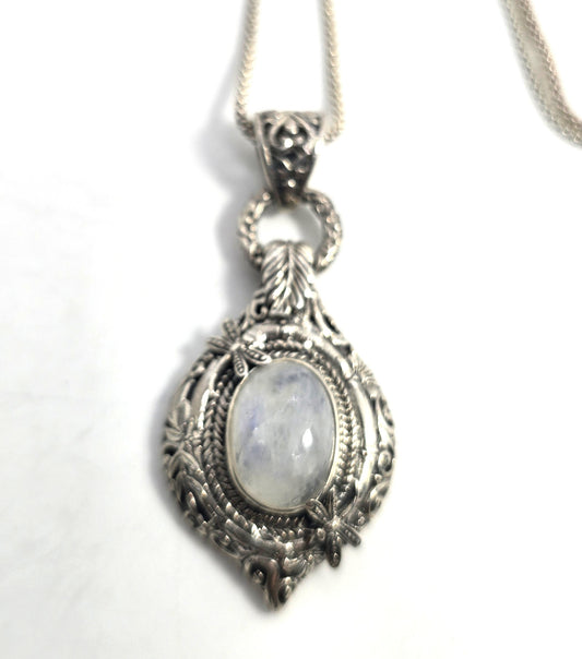 Dragonfly Blue Moonstone large sterling silver tribal Balinese pendant necklace