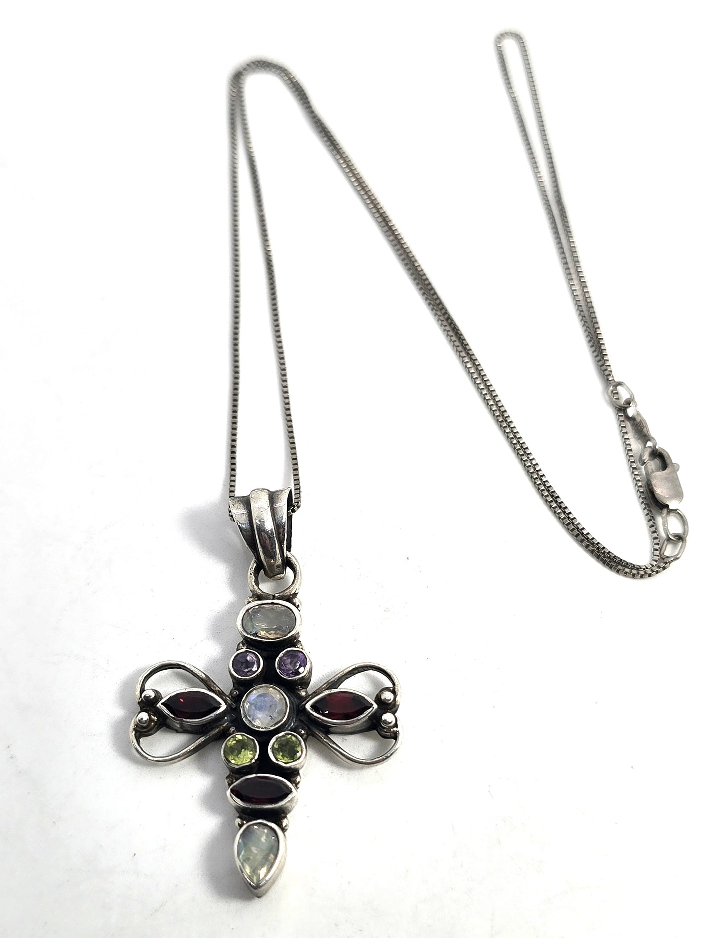 Multi gemstone cross garnet amethyst peridot moonstone sterling silver necklace