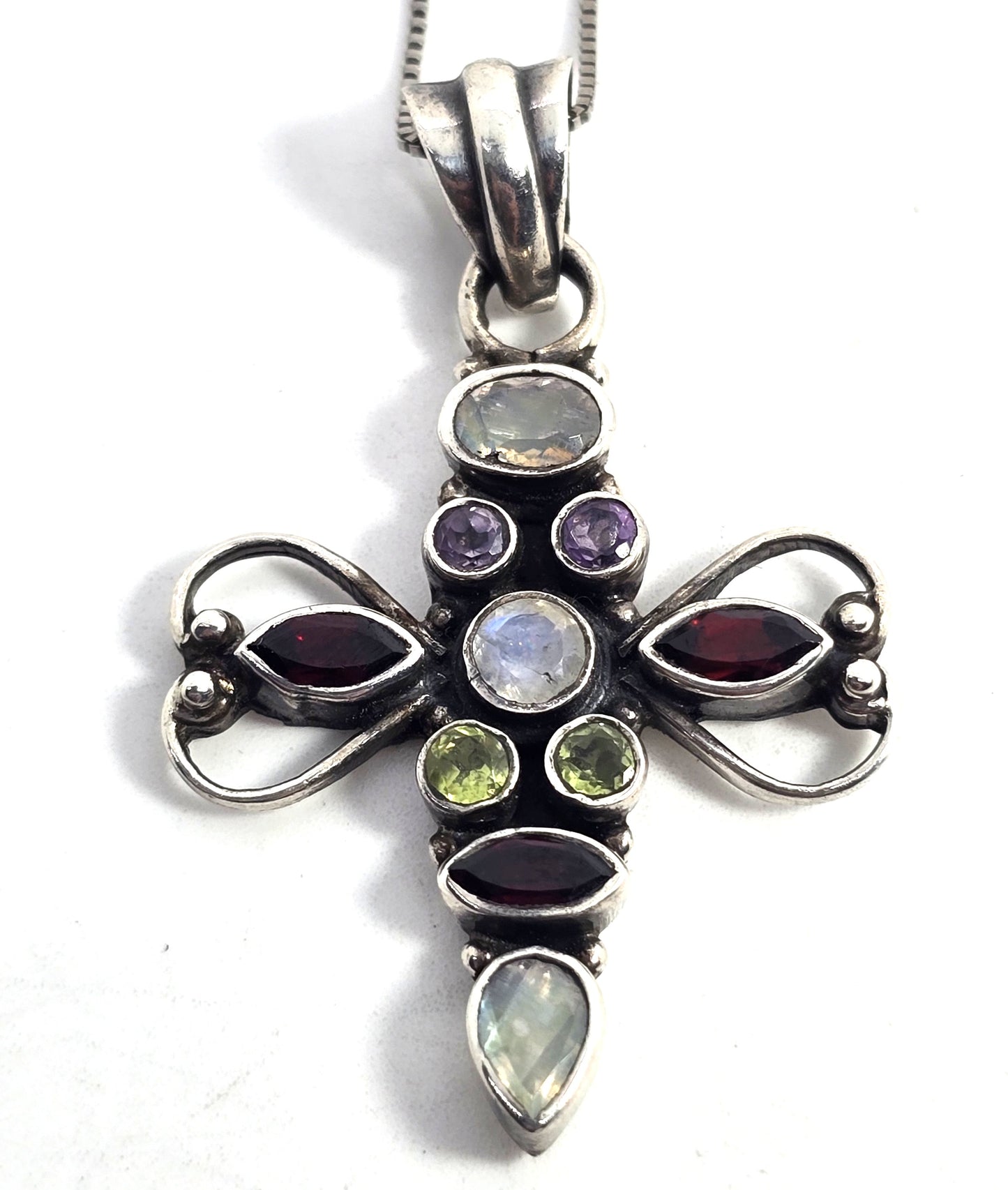 Multi gemstone cross garnet amethyst peridot moonstone sterling silver necklace