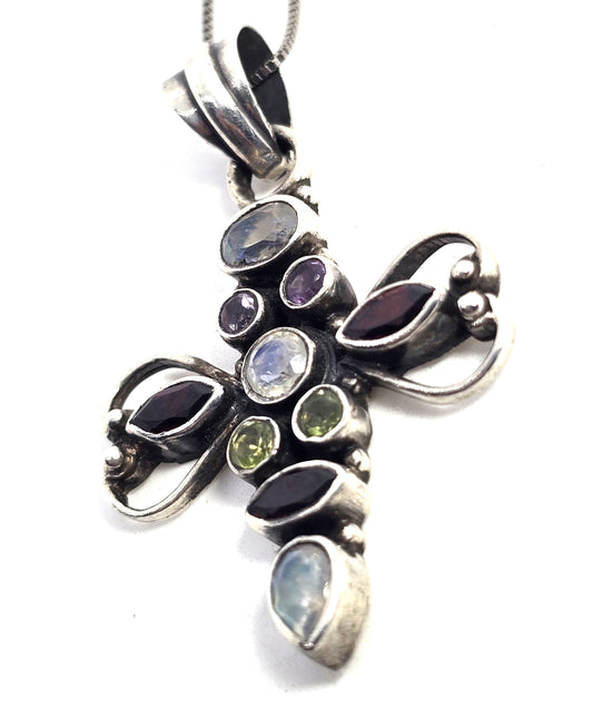 Multi gemstone cross garnet amethyst peridot moonstone sterling silver necklace