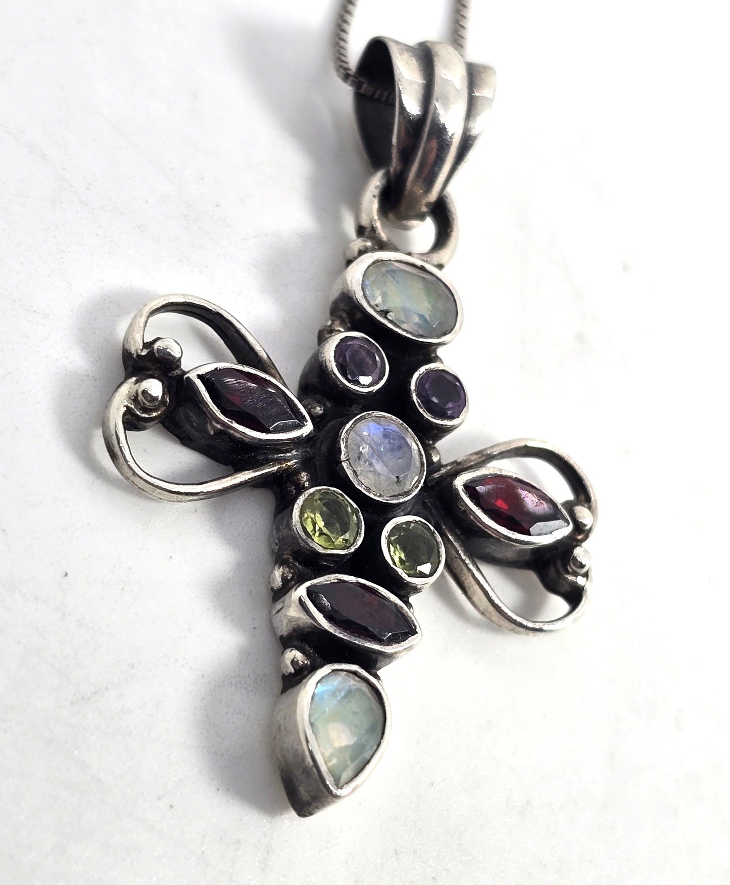 Multi gemstone cross garnet amethyst peridot moonstone sterling silver necklace