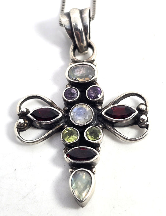 Multi gemstone cross garnet amethyst peridot moonstone sterling silver necklace