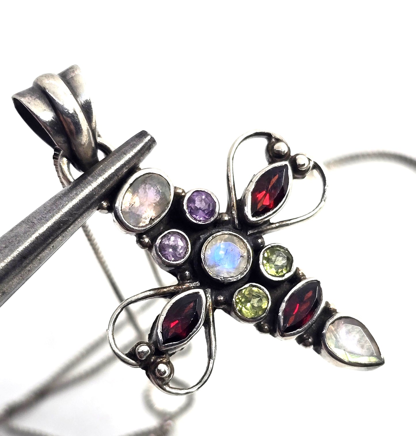 Multi gemstone cross garnet amethyst peridot moonstone sterling silver necklace