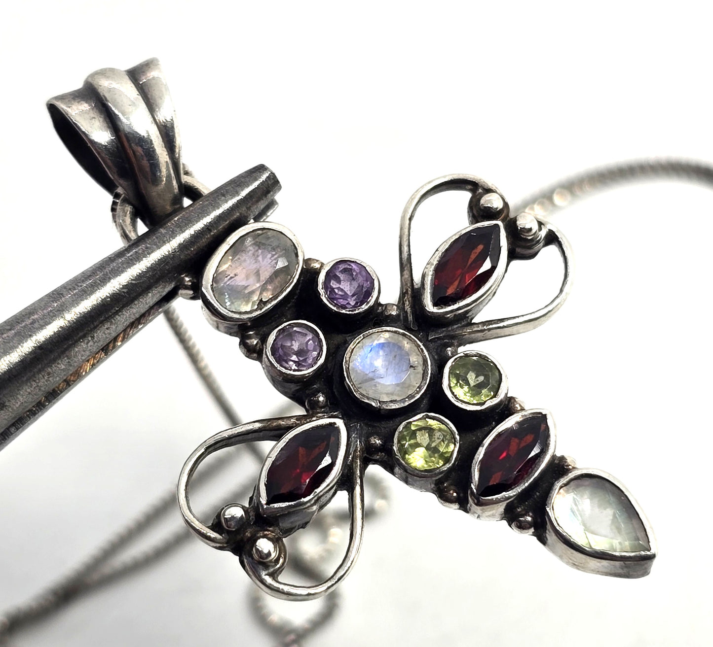 Multi gemstone cross garnet amethyst peridot moonstone sterling silver necklace