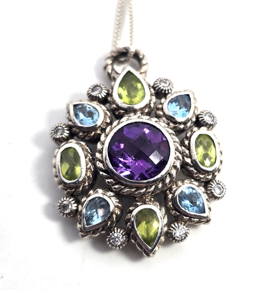 Judith Ripka Multi gemstone amethyst peridot topaz CZ sterling silver necklace