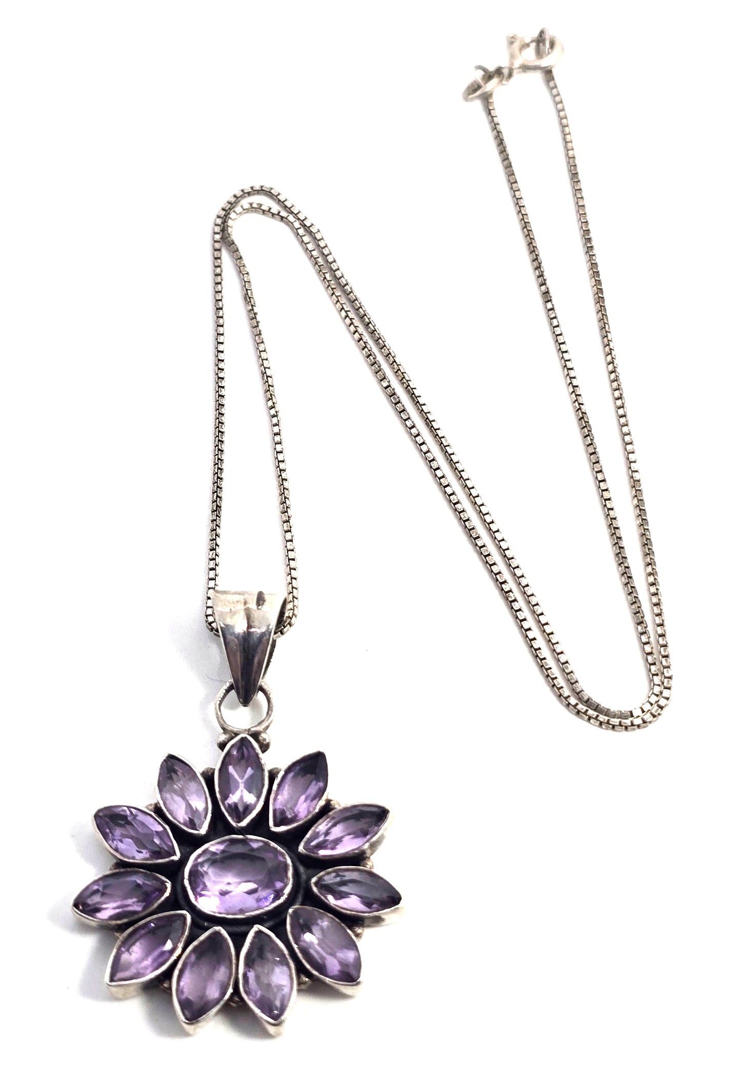 Amethyst flower purple multi gemstone sterling silver vintage pendant necklace