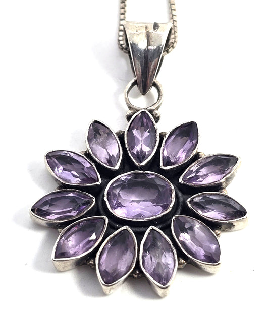 Amethyst flower purple multi gemstone sterling silver vintage pendant necklace