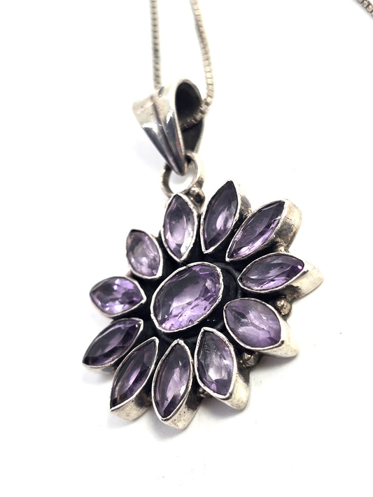 Amethyst flower purple multi gemstone sterling silver vintage pendant necklace