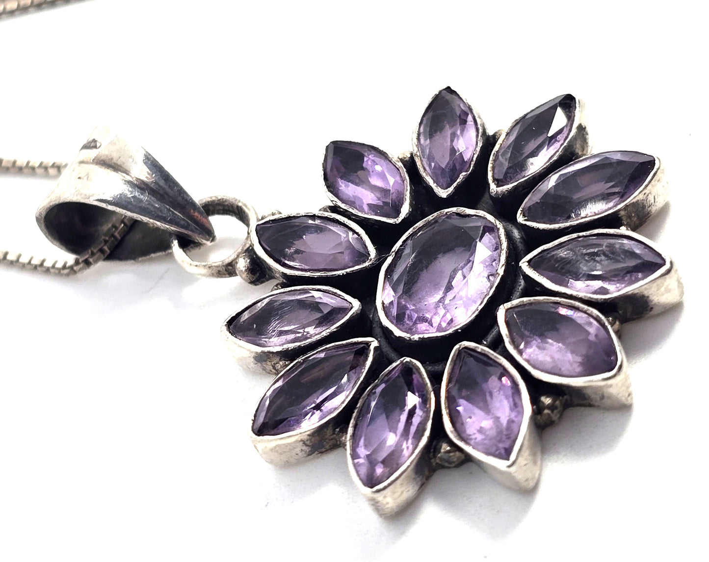 Amethyst flower purple multi gemstone sterling silver vintage pendant necklace