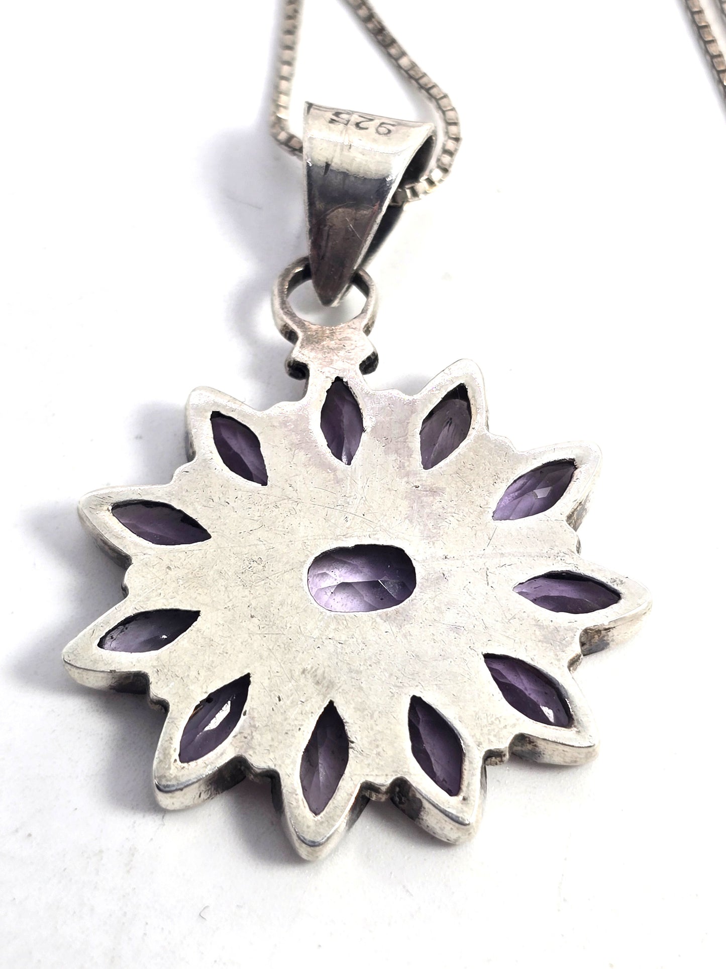 Amethyst flower purple multi gemstone sterling silver vintage pendant necklace