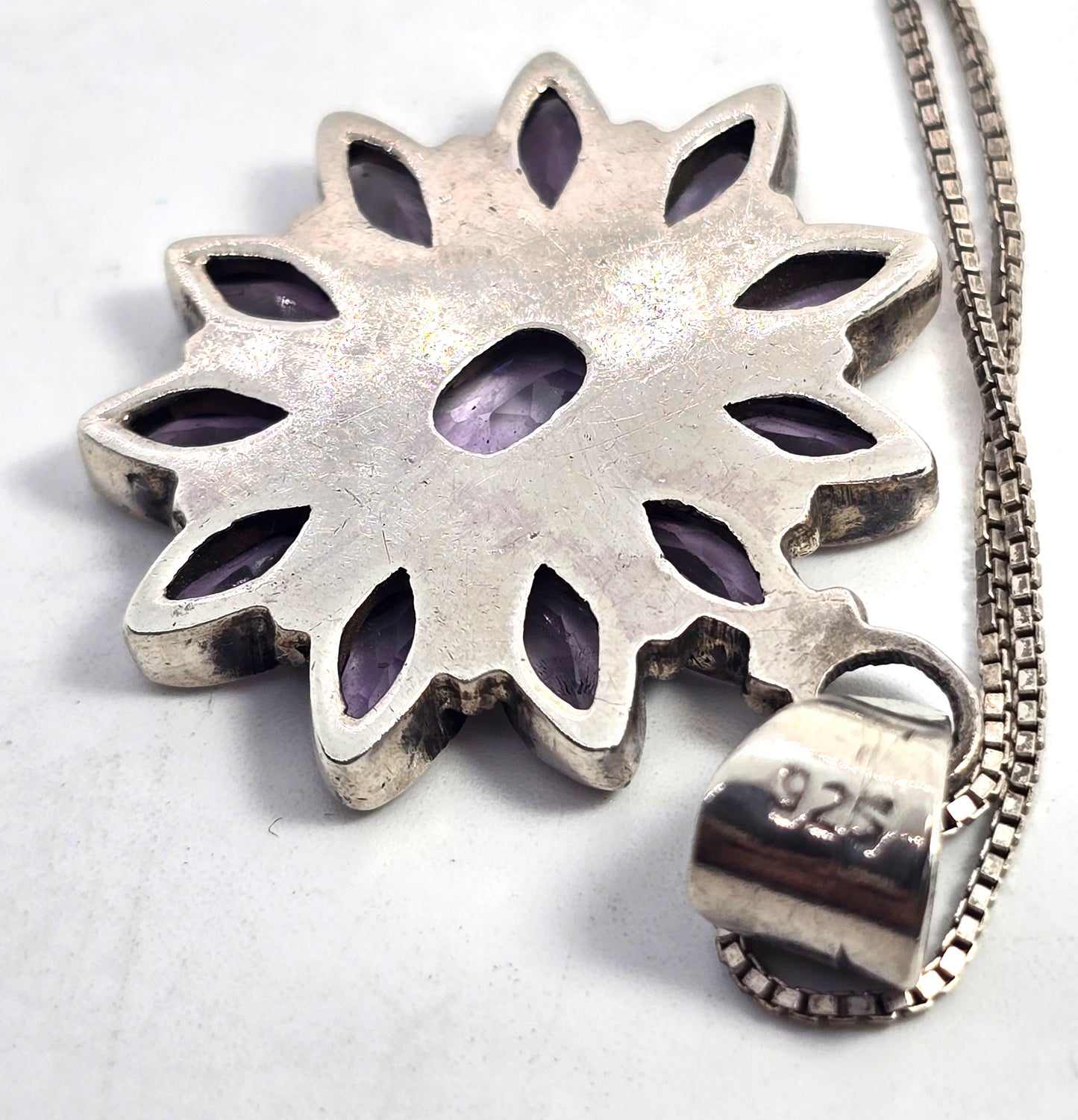 Amethyst flower purple multi gemstone sterling silver vintage pendant necklace