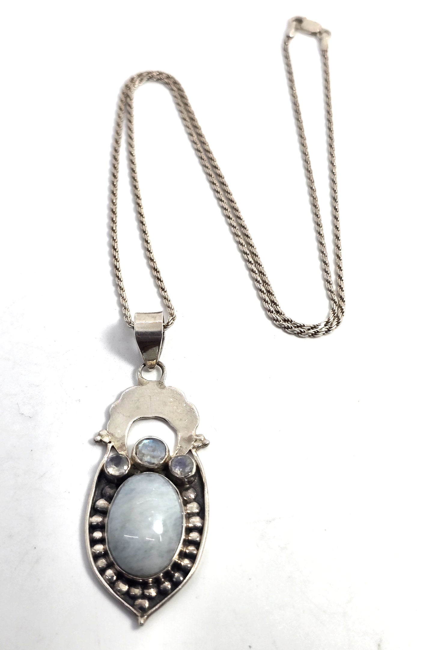 Aquamarine blue moonstone gemstone tribal sterling silver vintage necklace