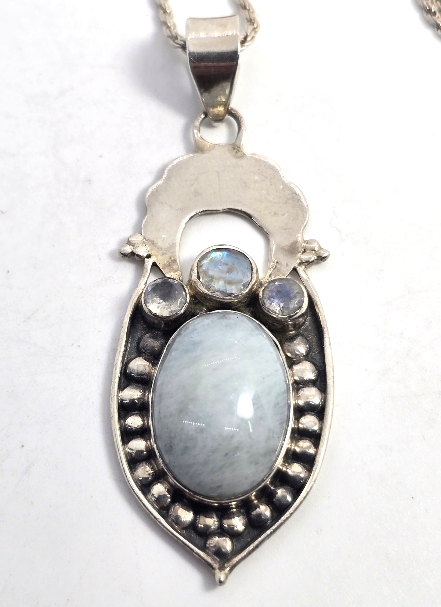 Aquamarine blue moonstone gemstone tribal sterling silver vintage necklace