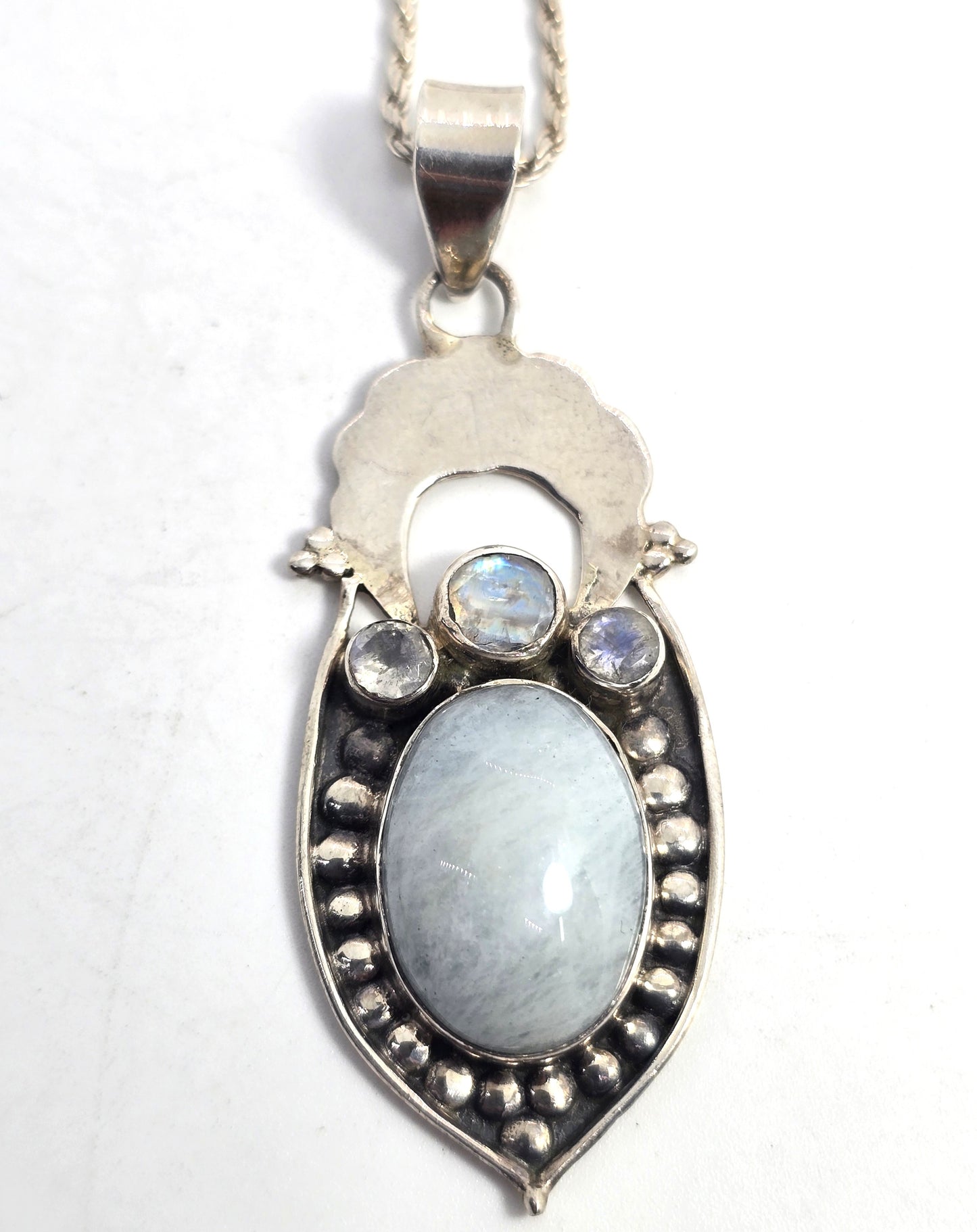Aquamarine blue moonstone gemstone tribal sterling silver vintage necklace