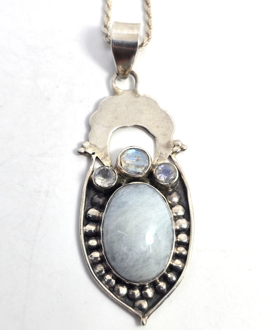 Aquamarine blue moonstone gemstone tribal sterling silver vintage necklace