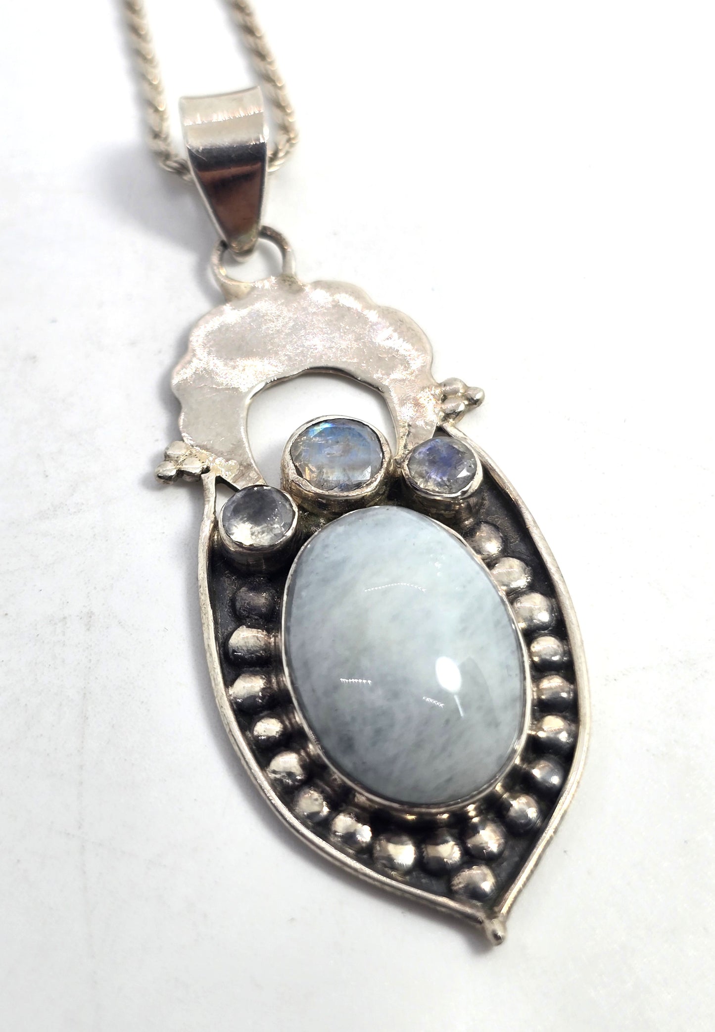 Aquamarine blue moonstone gemstone tribal sterling silver vintage necklace