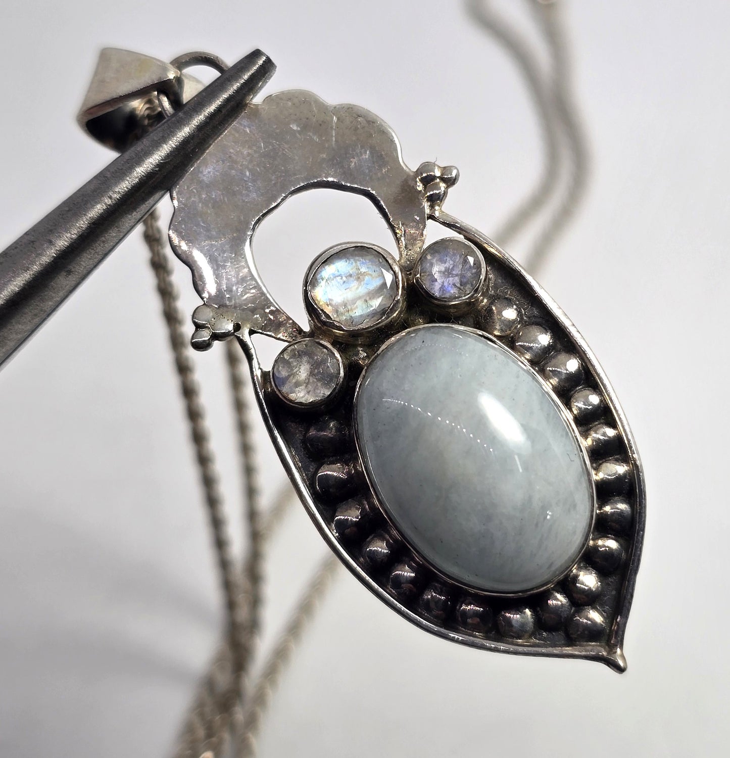 Aquamarine blue moonstone gemstone tribal sterling silver vintage necklace