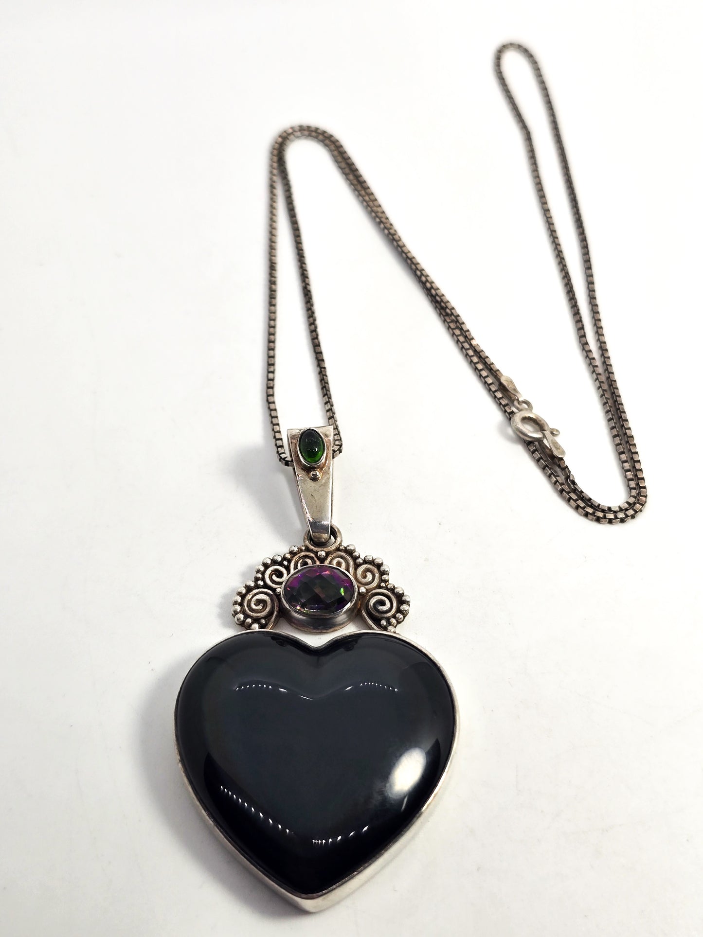 Sajen rainbow obsidian Large heart mystic topaz tribal Bali sterling silver necklace