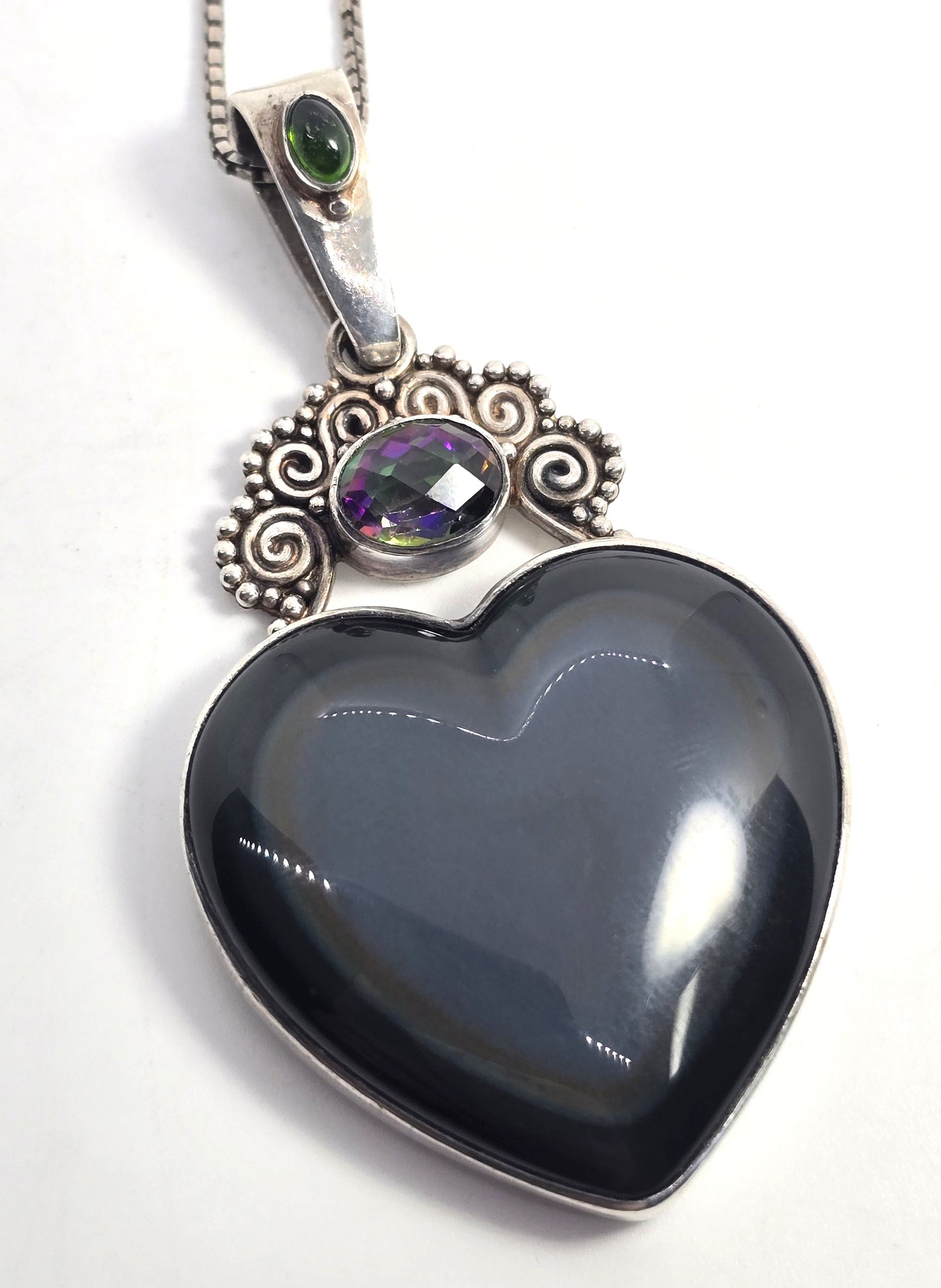 Sajen rainbow obsidian Large heart mystic topaz tribal Bali sterling silver necklace