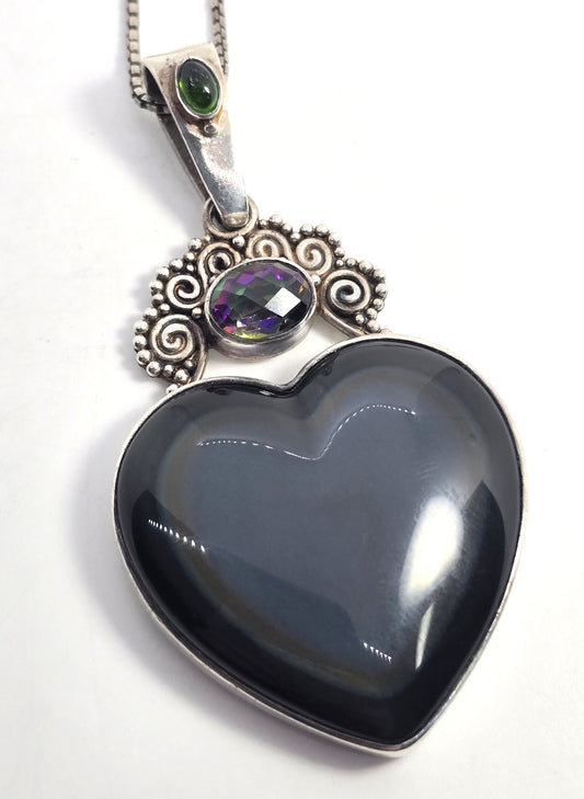 Sajen rainbow obsidian Large heart mystic topaz tribal Bali sterling silver necklace