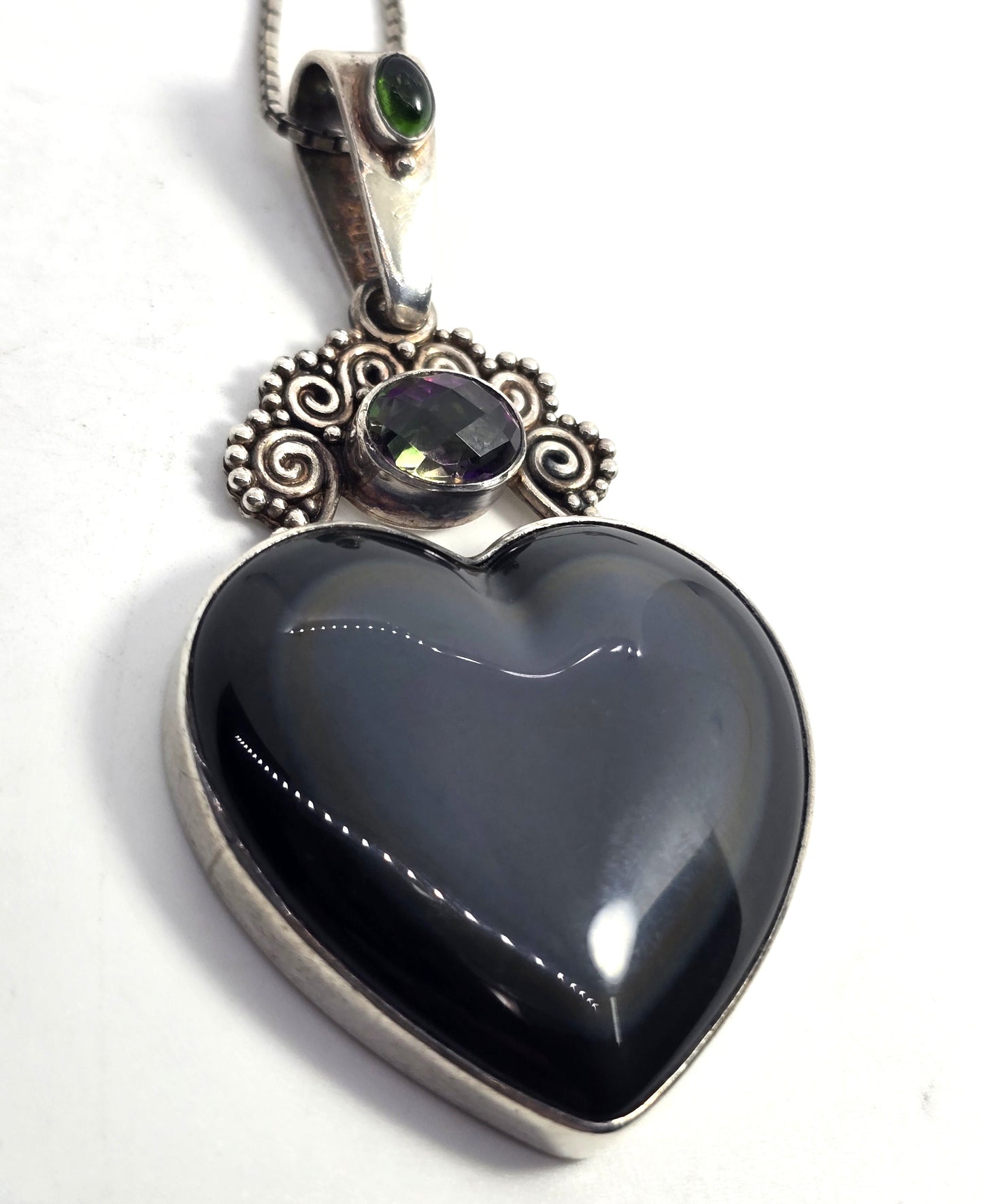 Sajen rainbow obsidian Large heart mystic topaz tribal Bali sterling silver necklace