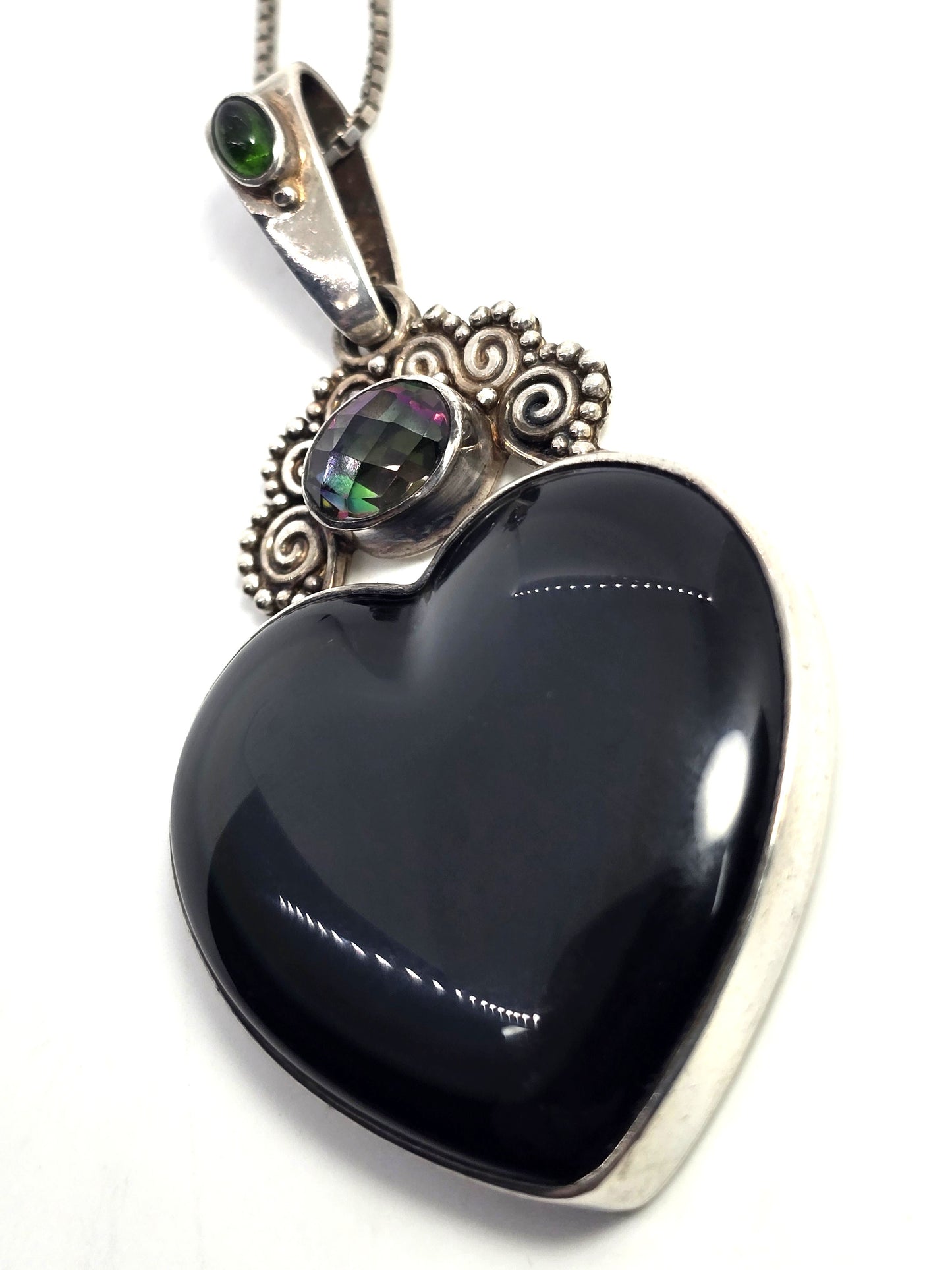 Sajen rainbow obsidian Large heart mystic topaz tribal Bali sterling silver necklace