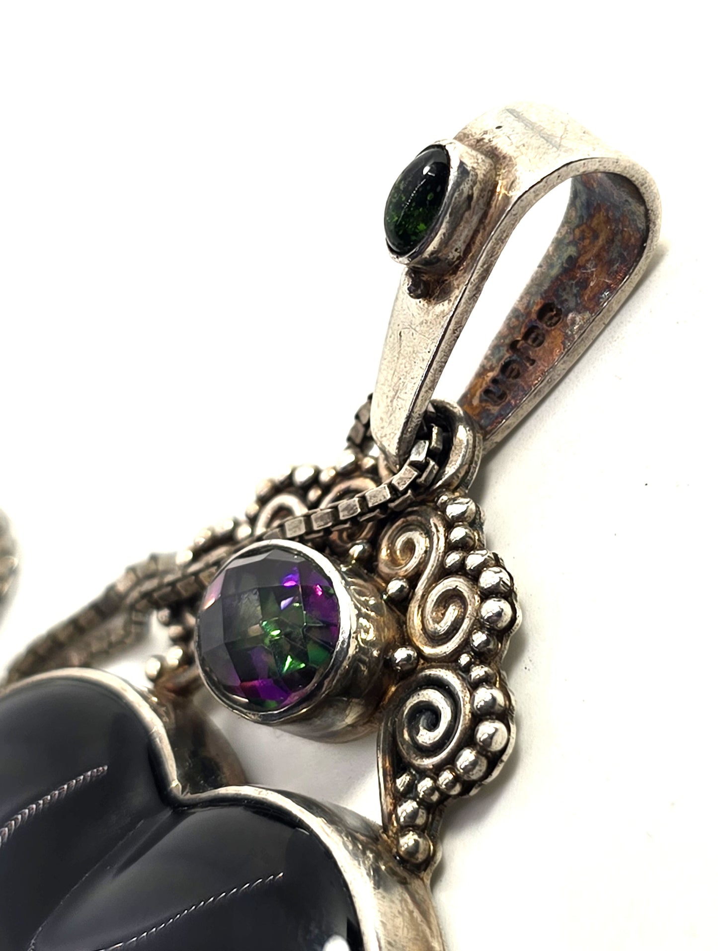 Sajen rainbow obsidian Large heart mystic topaz tribal Bali sterling silver necklace