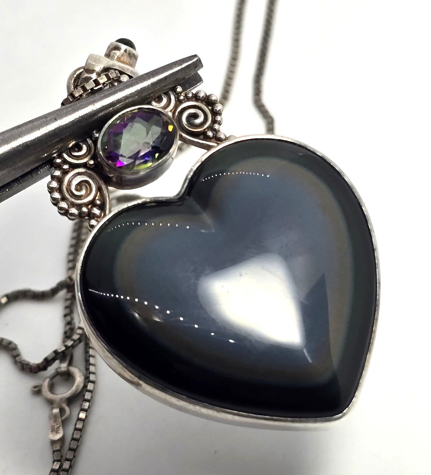 Sajen rainbow obsidian Large heart mystic topaz tribal Bali sterling silver necklace