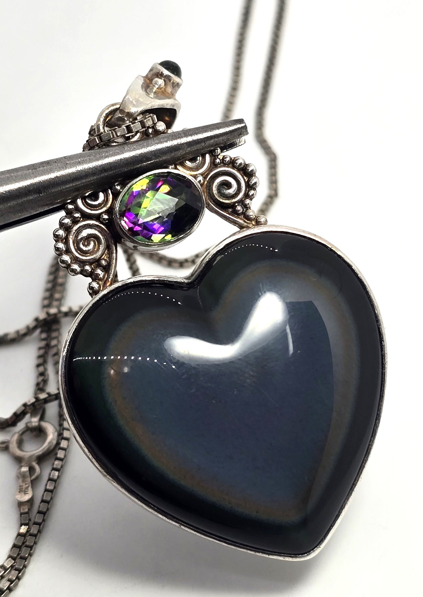 Sajen rainbow obsidian Large heart mystic topaz tribal Bali sterling silver necklace