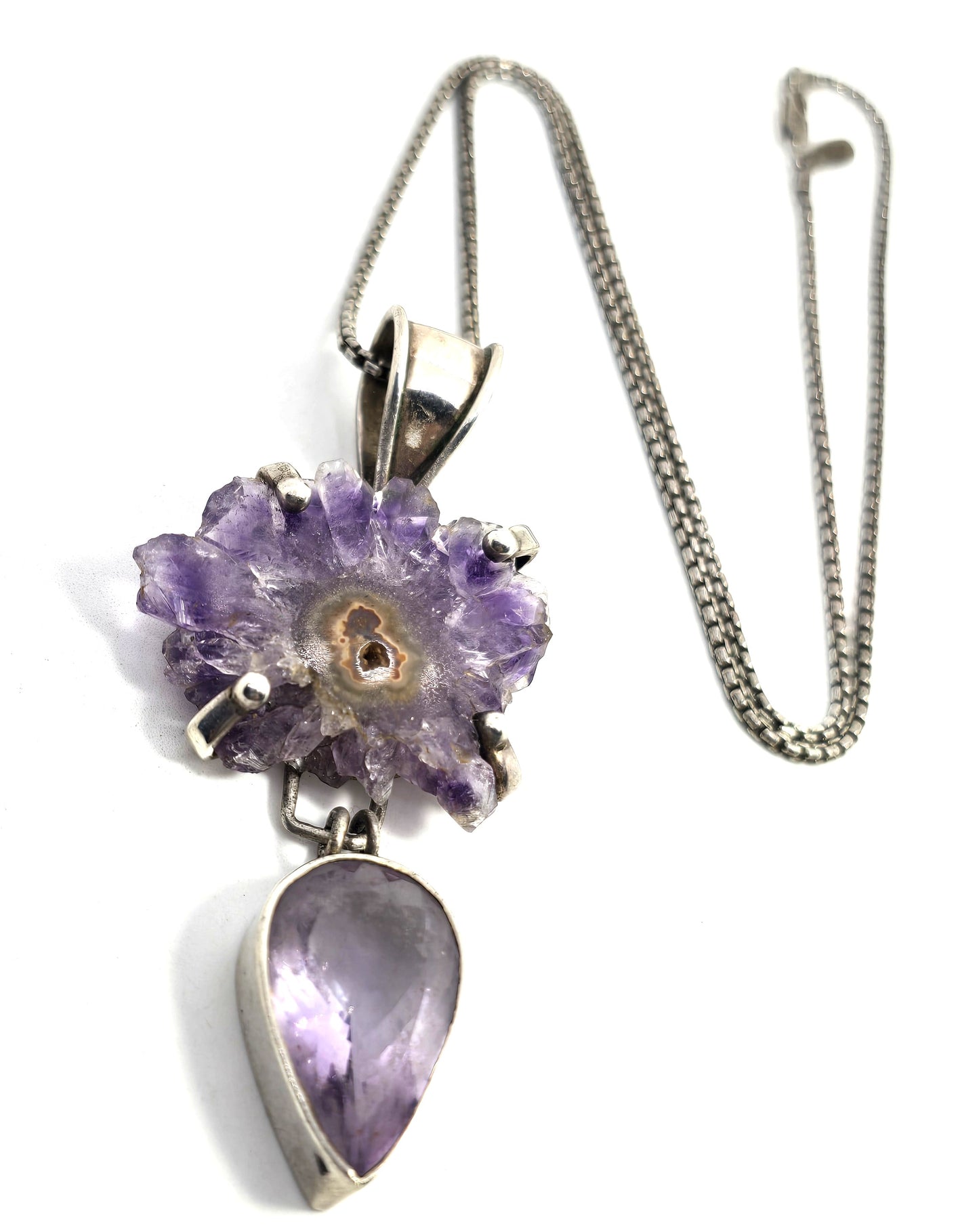 Amethyst Stalactite Slice faceted pear cut large sterling silver vintage necklace
