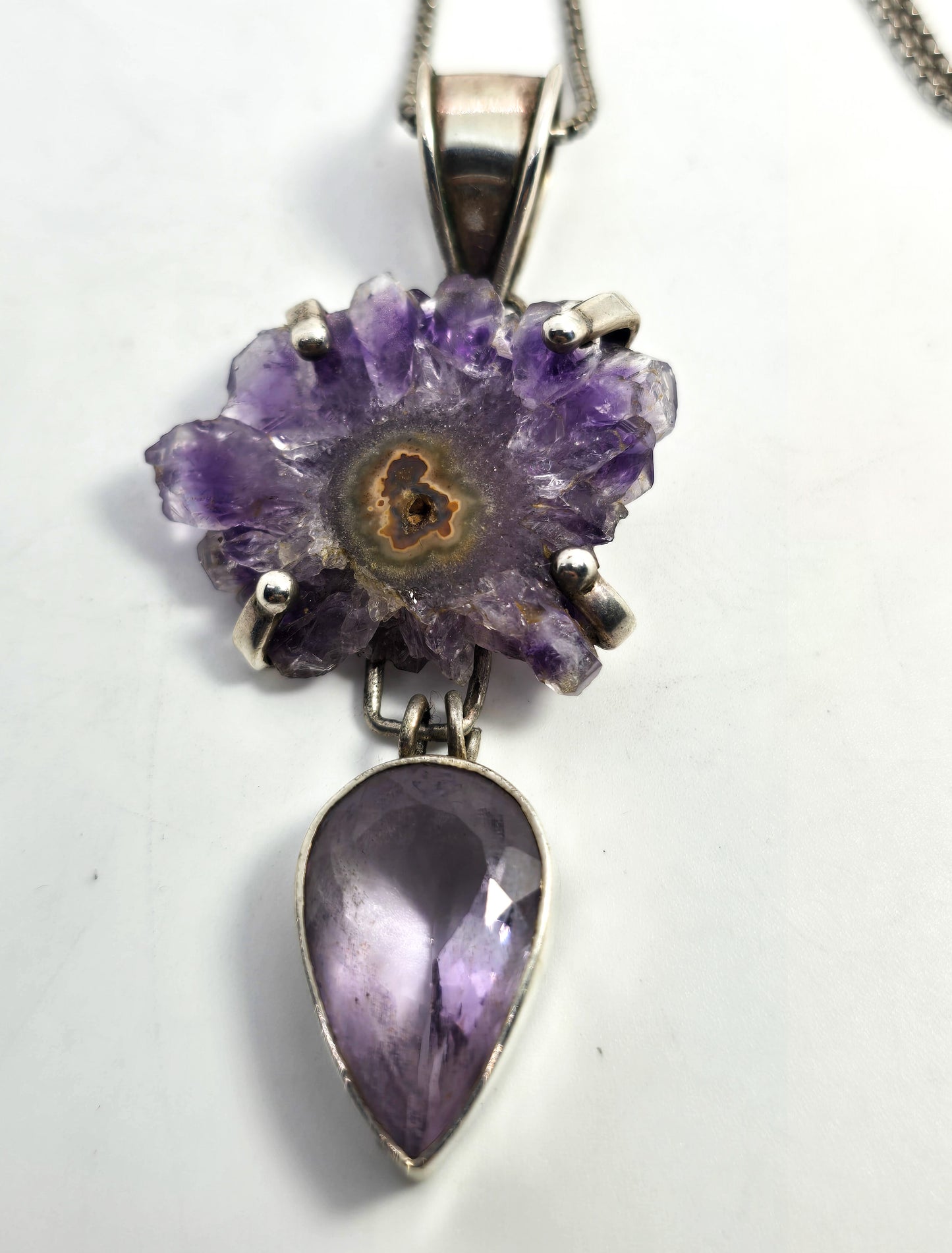 Amethyst Stalactite Slice faceted pear cut large sterling silver vintage necklace
