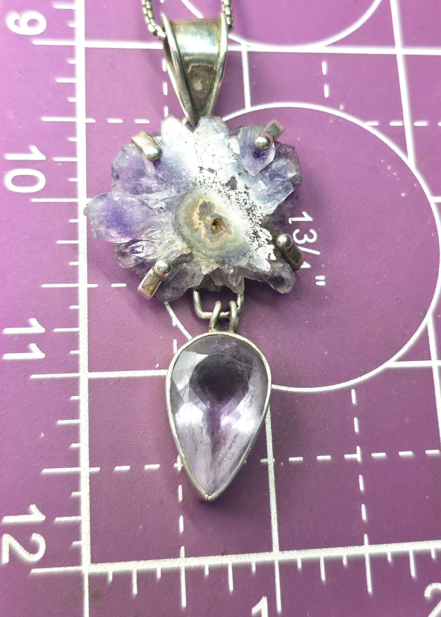Amethyst Stalactite Slice faceted pear cut large sterling silver vintage necklace