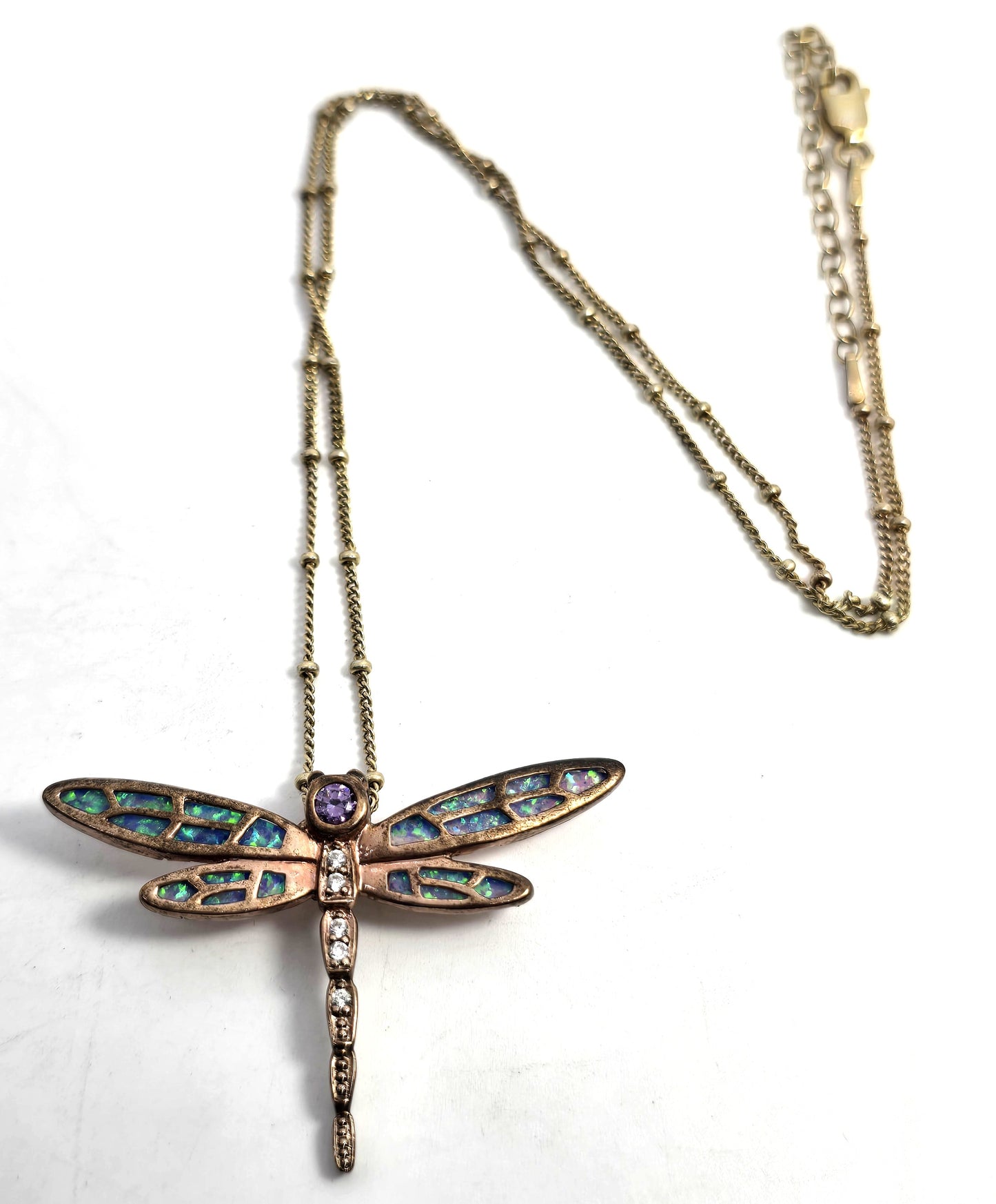 Dragonfly Blue fire opal Cubic Zirconia rose gold over sterling silver necklace