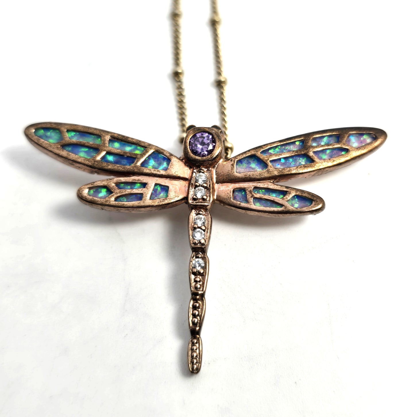 Dragonfly Blue fire opal Cubic Zirconia rose gold over sterling silver necklace