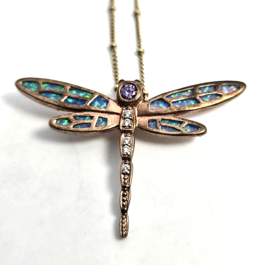 Dragonfly Blue fire opal Cubic Zirconia rose gold over sterling silver necklace