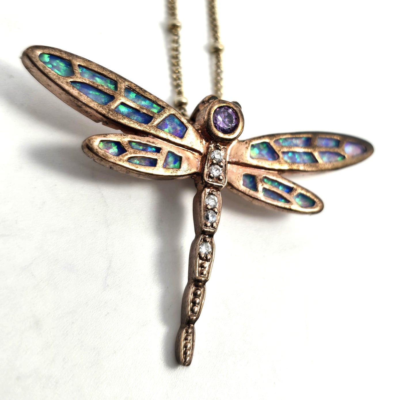 Dragonfly Blue fire opal Cubic Zirconia rose gold over sterling silver necklace